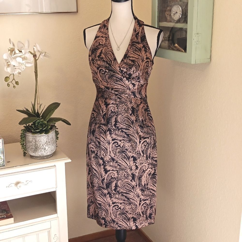 Evan Picone Classic Black and Bronze Satiny Paisley Dress.  Glamour. Dramatic